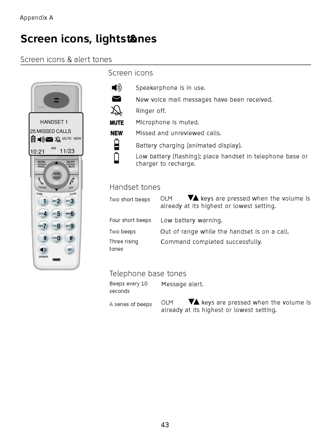 AT&T SL81208, SL81108 Screen icons, lights & tones, Screen icons & alert tones, Handset tones, Telephone base tones 